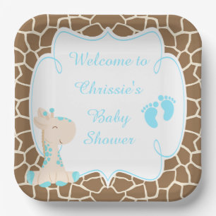 Cute Blue Giraffe Baby Shower Paper Plate