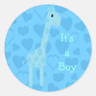 Cute Blue Giraffe & Hearts Its A Boy New Baby Classic Round Sticker