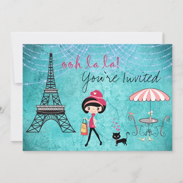 Cute Blue Girl and Cat Paris Birthday Invitation (Front)