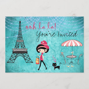 Cute Blue Girl and Cat Paris Birthday Invitation