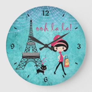 Cute Blue Girl, Cat and Eiffel Tower Paris Clock