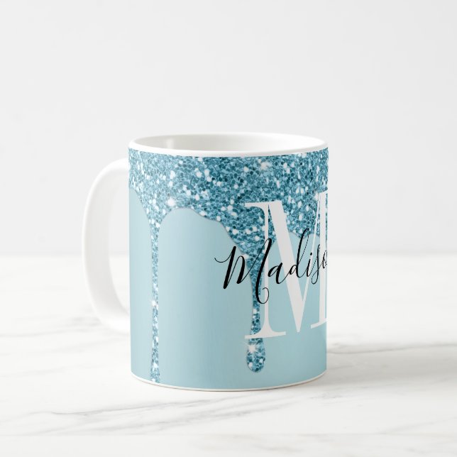 Cute blue  glitter  monogram coffee mug (Front Left)