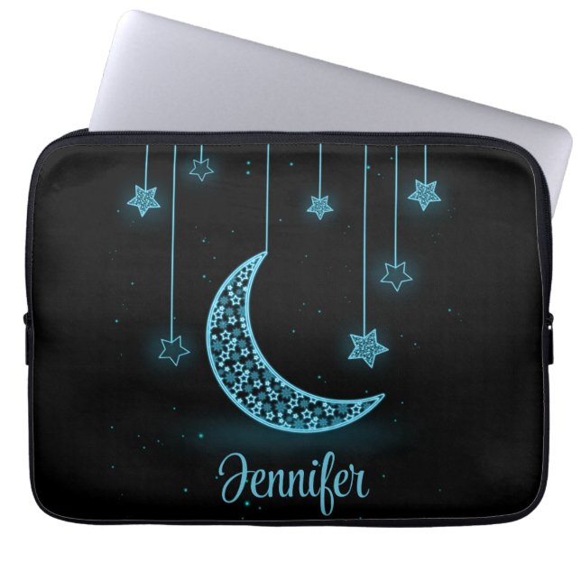 Cute Blue Glowing Moon & Hanging Stars  Laptop Sleeve (Front)