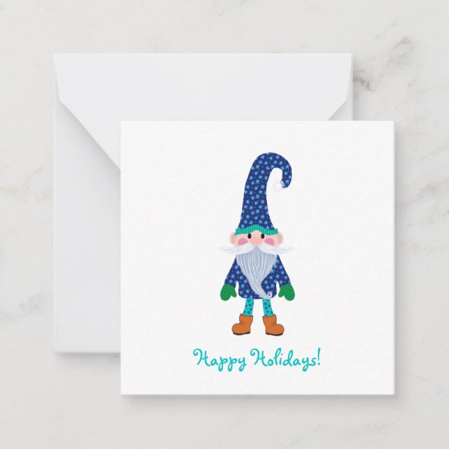 Cute Blue Gnome Mini Christmas Card (Front)
