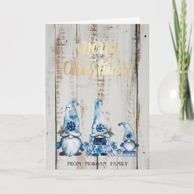 Cute Blue Gnomes Merry Christmas Holiday Card (Front)