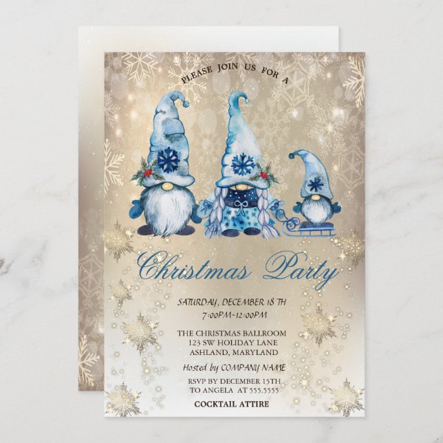 Cute Blue Gnomes Snowflakes Gold Party   Invitation (Front/Back)
