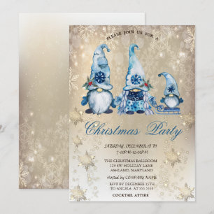Cute Blue Gnomes Snowflakes Gold Party   Invitation
