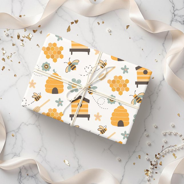 Cute Blue & Gold Bee Wrapping Paper (Creator Uploaded)