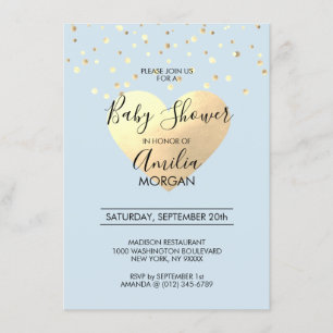 Cute Blue Gold Foil Heart Boy Baby Shower Invitation