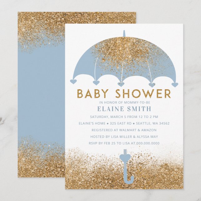 Cute Blue Gold Glitter Umbrella Baby Shower Invitation (Front/Back)