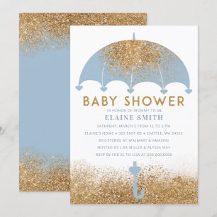 Cute Blue Gold Glitter Umbrella Baby Shower Invitation