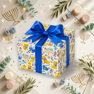Cute Blue Gold Pets Hanukkah Wrapping Paper