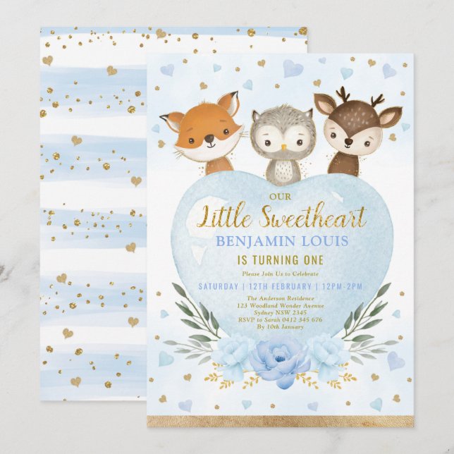 Cute Blue Gold Woodland Sweetheart 1st Birthday Invitation (Front/Back)