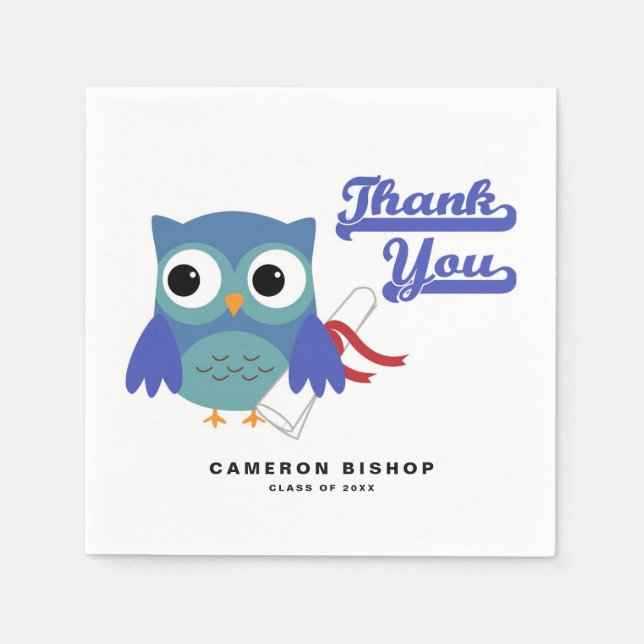 Cute Blue Graduate Owl with Diploma Graduation Napkin (Front)
