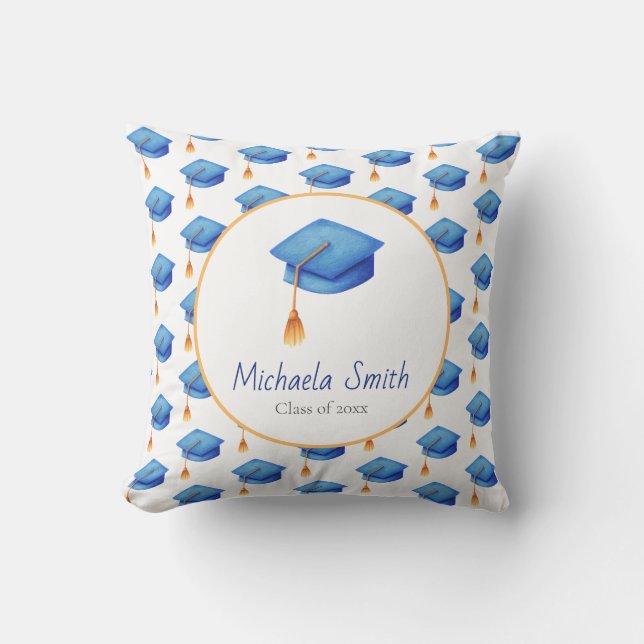 Cute Blue Graduation Cap Personalised Graduation Cushion (Front)