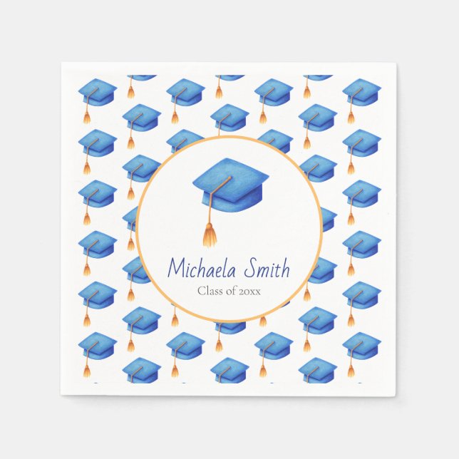 Cute Blue Graduation Cap Personalised Graduation Napkin (Front)