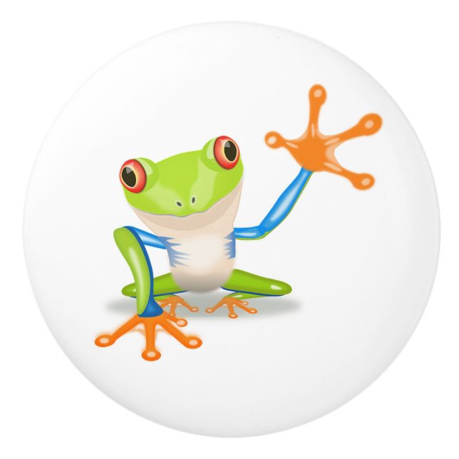 Cute blue, green and orange Frog Waving Hello Knob (Front)
