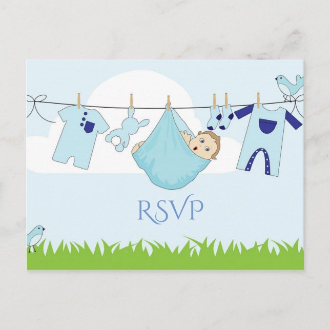 Cute Blue Green Boy Baby Shower RSVP Postcard (Front)