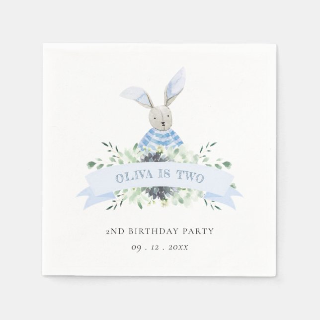 Cute Blue Green Bunny Foliage Any Age Birthday Napkin (Front)