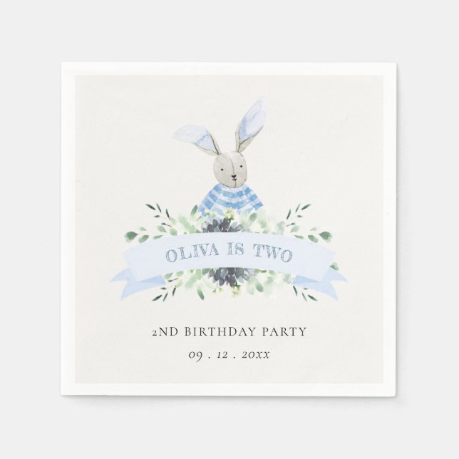 Cute Blue Green Bunny Foliage Any Age Birthday Napkin (Front)