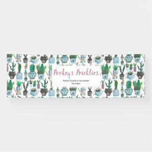 Cute blue & green cactus & succulent pots pattern banner