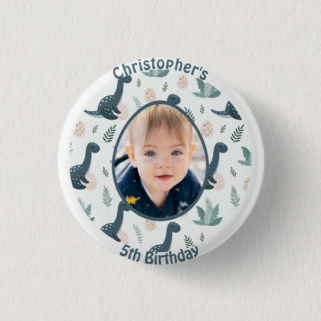 Cute Blue Green Dinosaur Custom Photo and Name 3 Cm Round Badge (Front)
