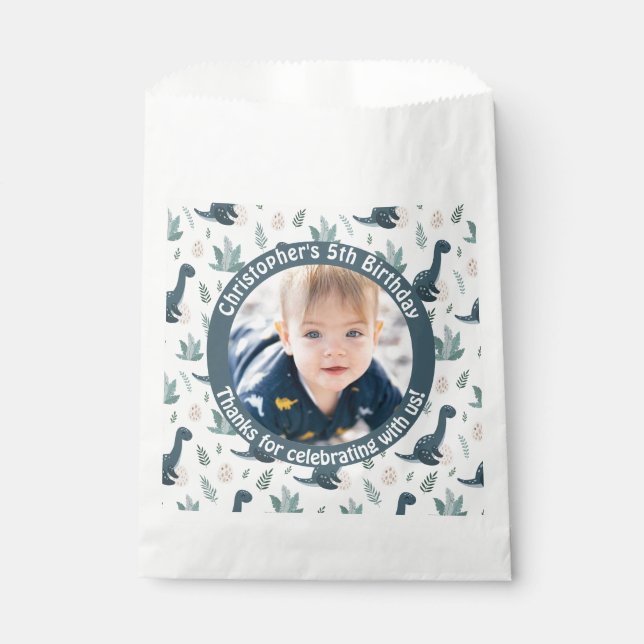 Cute Blue Green Dinosaur Custom Photo and Name Favour Bags (Front)