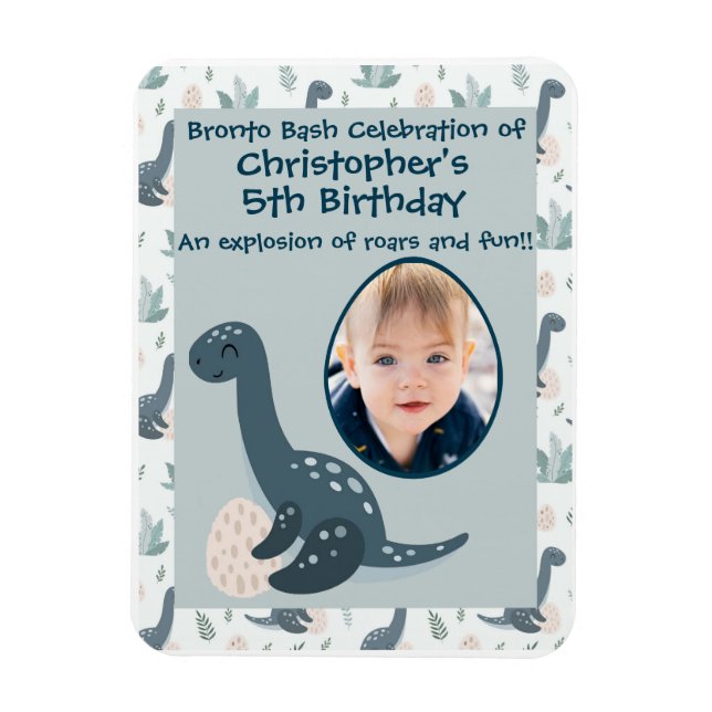 Cute Blue Green Dinosaur Custom Photo and Name Magnet (Vertical)