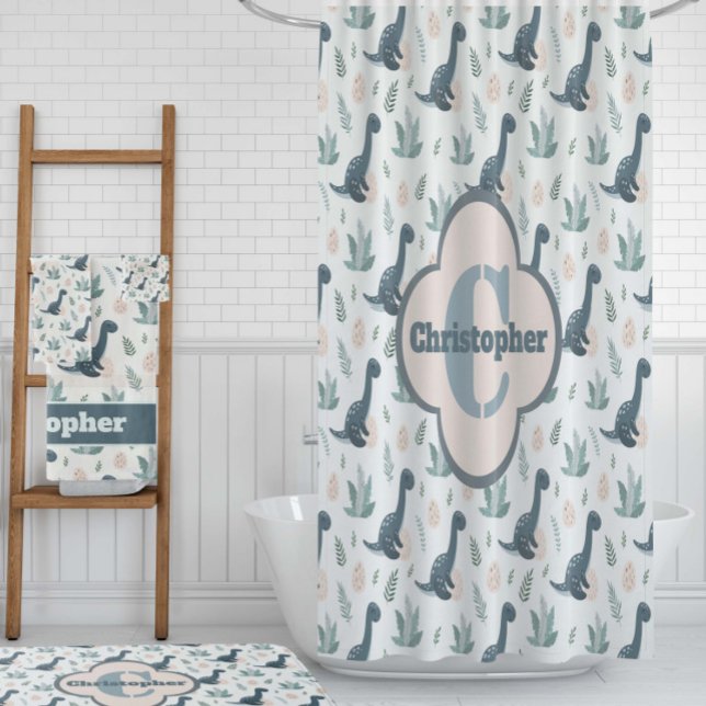 Cute Blue Green Dinosaur with Foliage and Eggs Shower Curtain (Creator Uploaded)
