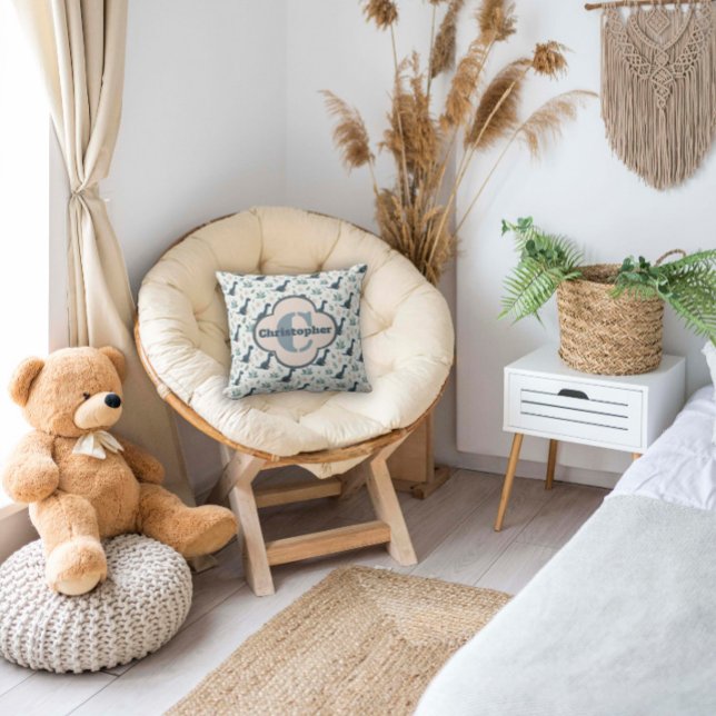 Cute Blue Green Dinosaur with Monogram and Name Cushion (Creator Uploaded)