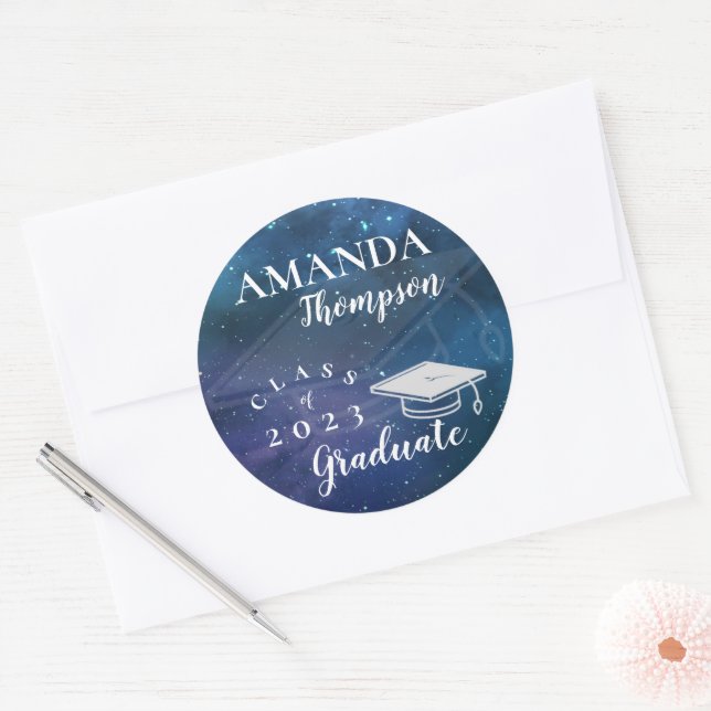 Cute Blue Green Galaxy Class Of 2023 Graduation Classic Round Sticker (Envelope)