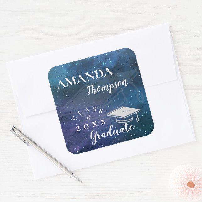 Cute Blue Green Galaxy Class of 2026 Graduation Square Sticker (Envelope)