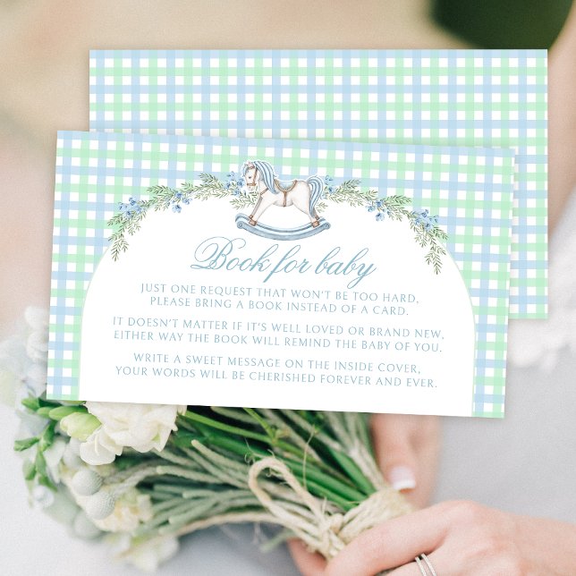 Cute blue green gingham book for baby boy shower enclosure card (Creator Uploaded)