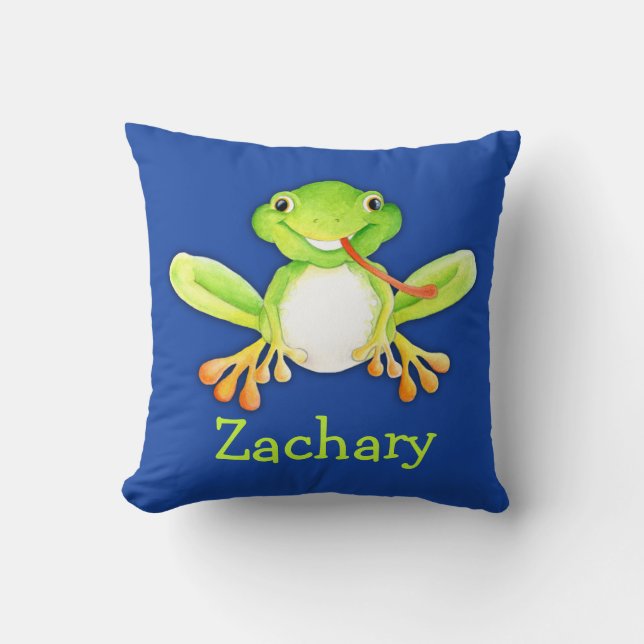 Cute blue & green kids name frog pillow (Front)