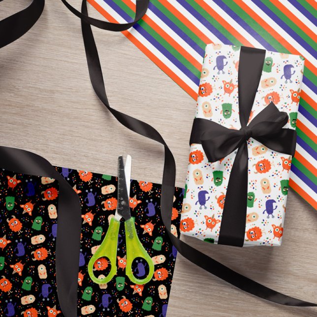 Cute Blue Green Monsters Mixed Halloween Patterns Wrapping Paper Sheet (Creator Uploaded)
