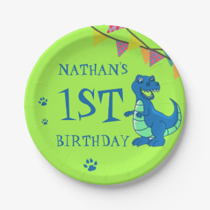 Cute Blue Green Paw Dinosaur Themed Birthday Party Paper Plate