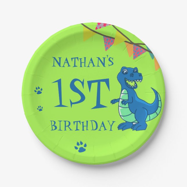 Cute Blue Green Paw Dinosaur Themed Birthday Party Paper Plate (Front)