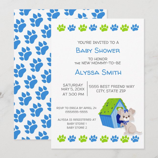 Cute Blue Green Puppy Dog Baby Shower Invite (Front/Back)