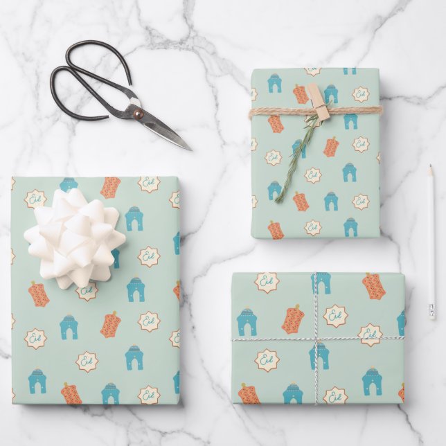 Cute Blue / Green Ramadan Eid Wrapping Paper Sheet (Front)