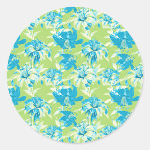 Cute blue green seamless lily floral classic round sticker