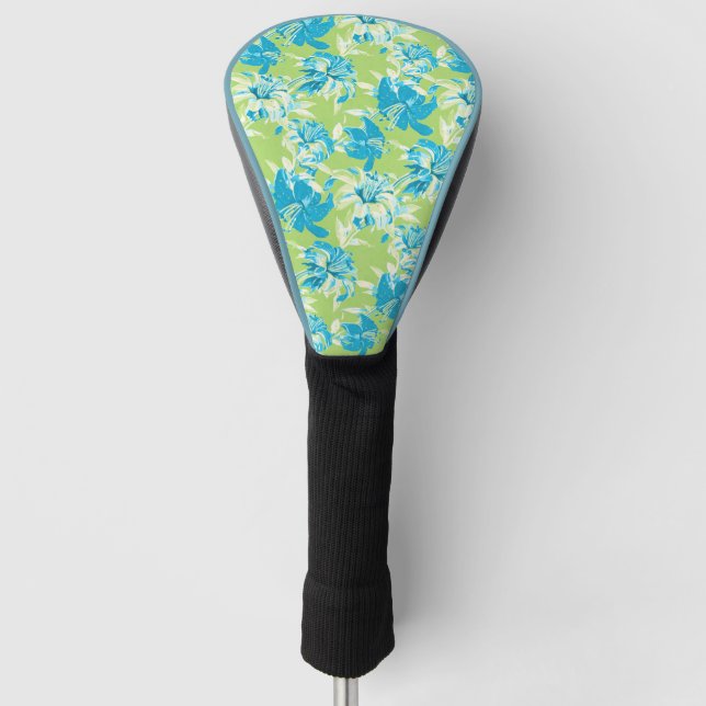 Cute blue green seamless lily floral golf head cover (Front)