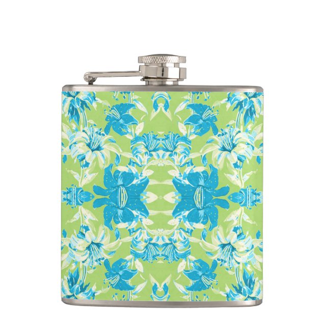 Cute blue green seamless lily floral hip flask (Front)