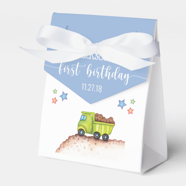 Cute Blue Green Truck First Birthday Party Favour Box (Front Side)