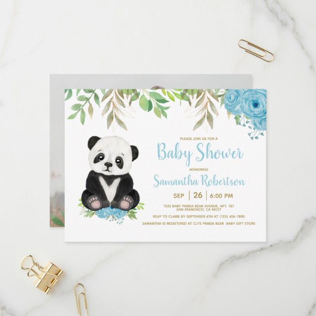 Cute Blue Greenery Boy Panda Baby Shower Photo Invitation Postcard (Front/Back In Situ)
