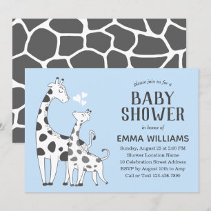 Cute Blue Grey Animal Giraffe Boy Baby Shower Invitation