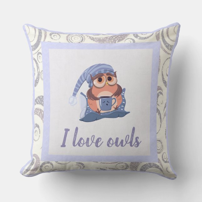 Cute Blue Grey Baby Owl Cap Cute Love Animal Cushion (Front)