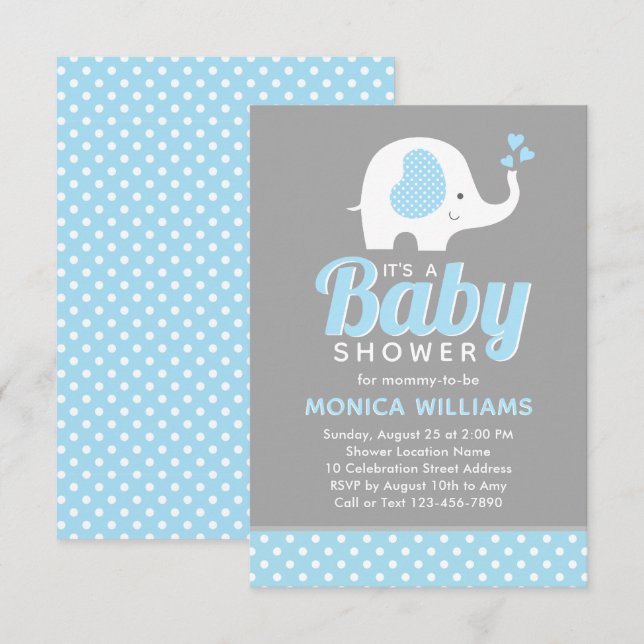 Cute Blue Grey Boy Baby Shower Invitation Elephant (Front/Back)
