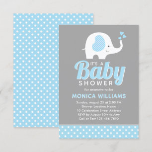 Cute Blue Grey Boy Baby Shower Invitation Elephant