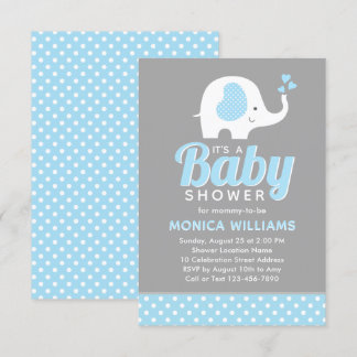 Cute Blue Grey Boy Baby Shower Invitation Elephant