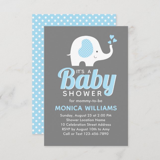 Cute Blue Grey Boy Elephant Baby Shower Invitation (Front/Back)